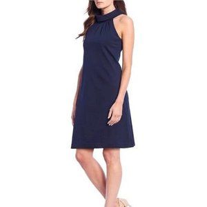 ELIZA J Navy Blue Gold Roll Collar Shift Dress